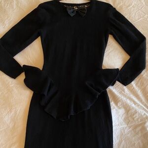 Wool Blend Knit Black Long-Sleeve Dress with silk Bow and lace details. Size S/M